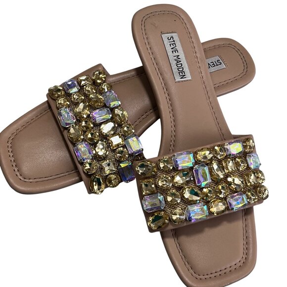Steve Madden Brionna Rhinestone Slip on Flat Sandals Gold and Tan Women Size 9 - Picture 6 of 10